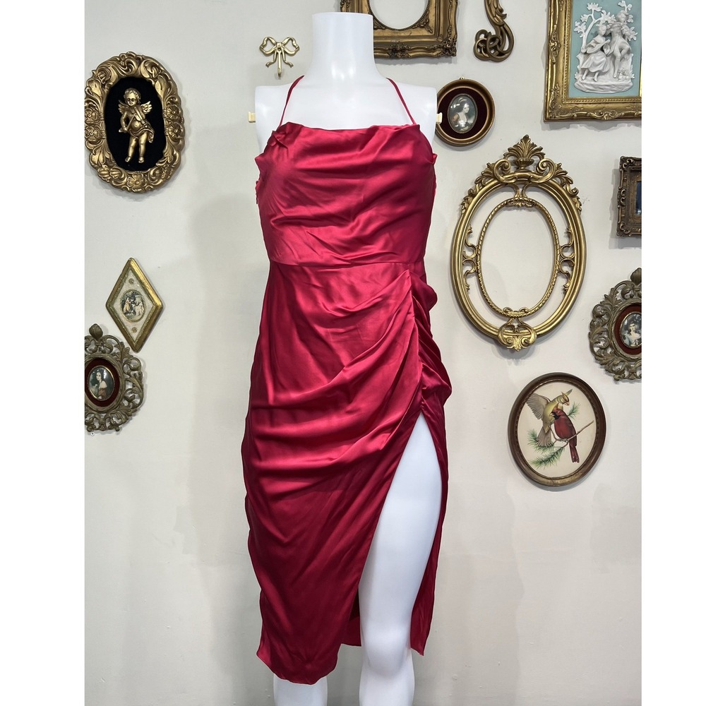 Amanda Uprichard Crimson Silk Cowl Neck Halter Midi Dress Size S